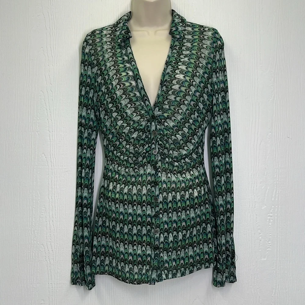 Free People - Green Fish Scale Button Down Ling Sleeve Sheer Blouse Size Small